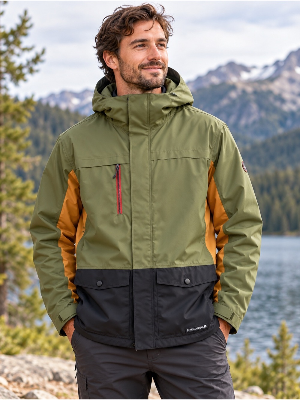 SIXEIGHTSIX Men's Olive Green Hooded Outdoor/Snowboard Jacket